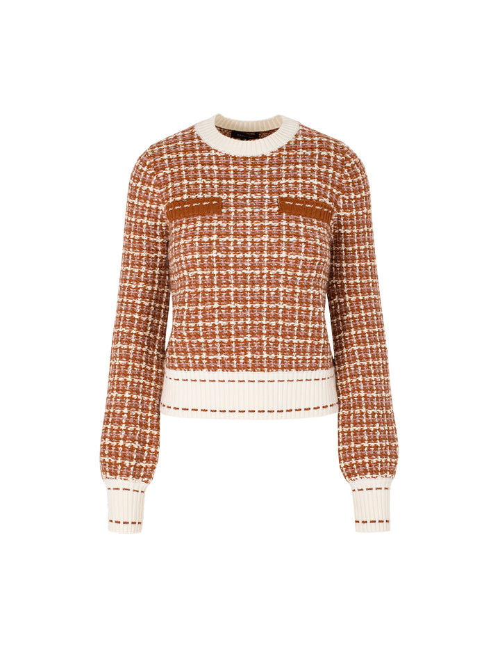 MARYLING Plaid Round Neck Long-Sleeved Cropped Knit Sweater
