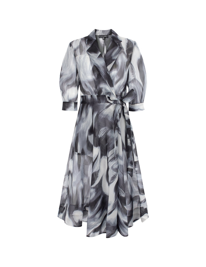 MARYLING Peaked Lapel Short-Sleeve Empire-Waist Artistic Print Midi Wrap Dress