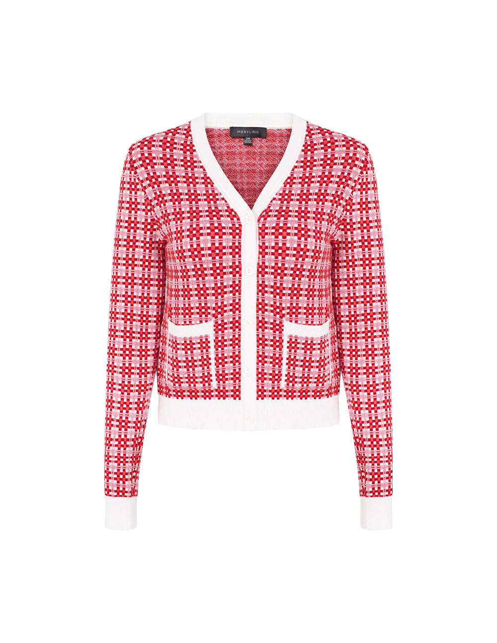 MARYLING V-Neck Red & White Checkered Long Sleeve Cardigan