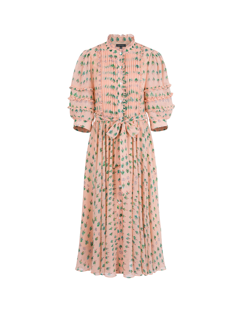MARYLING Small Stand Collar Puff Sleeve Tree-Printed Dress