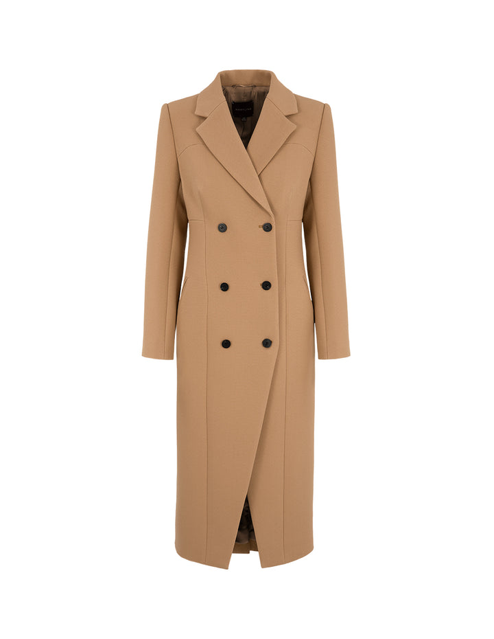MARYLING Camel Peaked Lapel Double-Breasted Long Coat