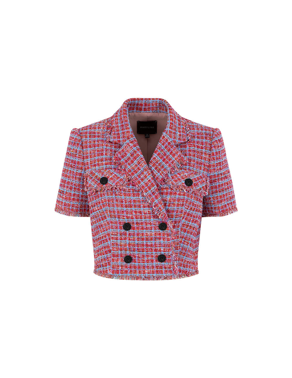 MARYLING Powder Blue Plaid Tweed Double-Breasted Short Coat