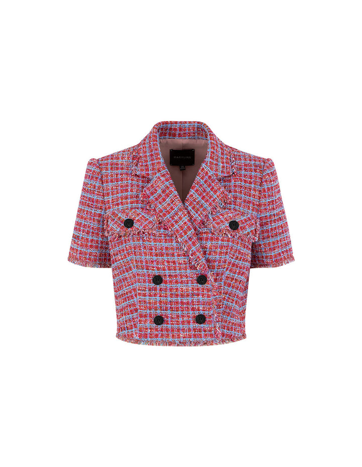 MARYLING Powder Blue Plaid Tweed Double-Breasted Short Coat