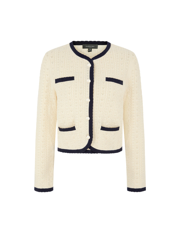 MARYLING Round-Neck Long-Sleeve Black Stripe Trim knitted cardigan