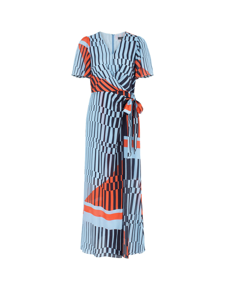 MARYLING V-Neck Short-Sleeve Wrap Empire-Waist Print Tie Silk Midi Dress