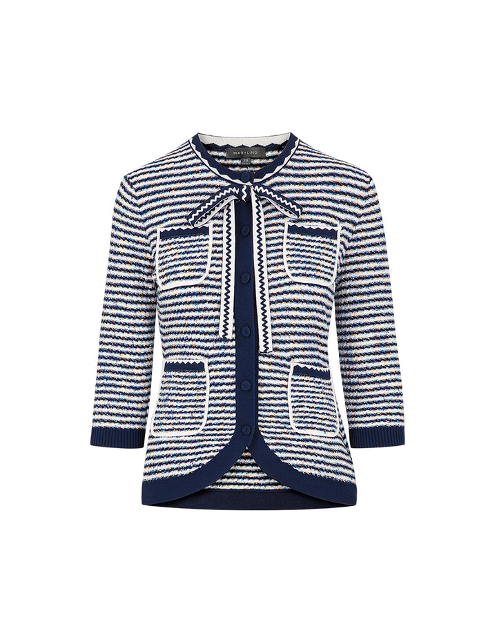 MARYLING Blue And White Striped Ribbons Knitted Cardigan