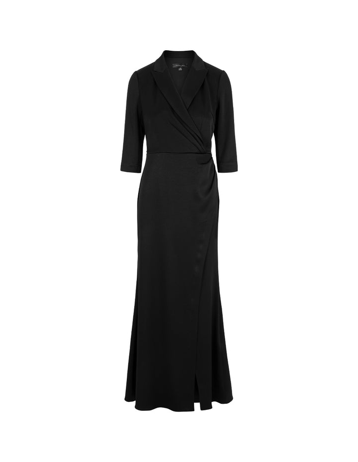 MARYLING Black Lapel Mid-Sleeve Slit Fishtail Evening-Dress