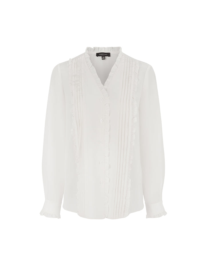 MARYLING V-Neck Long-Sleeve Ruffle-Trim Pin Tuck Silk Blouse