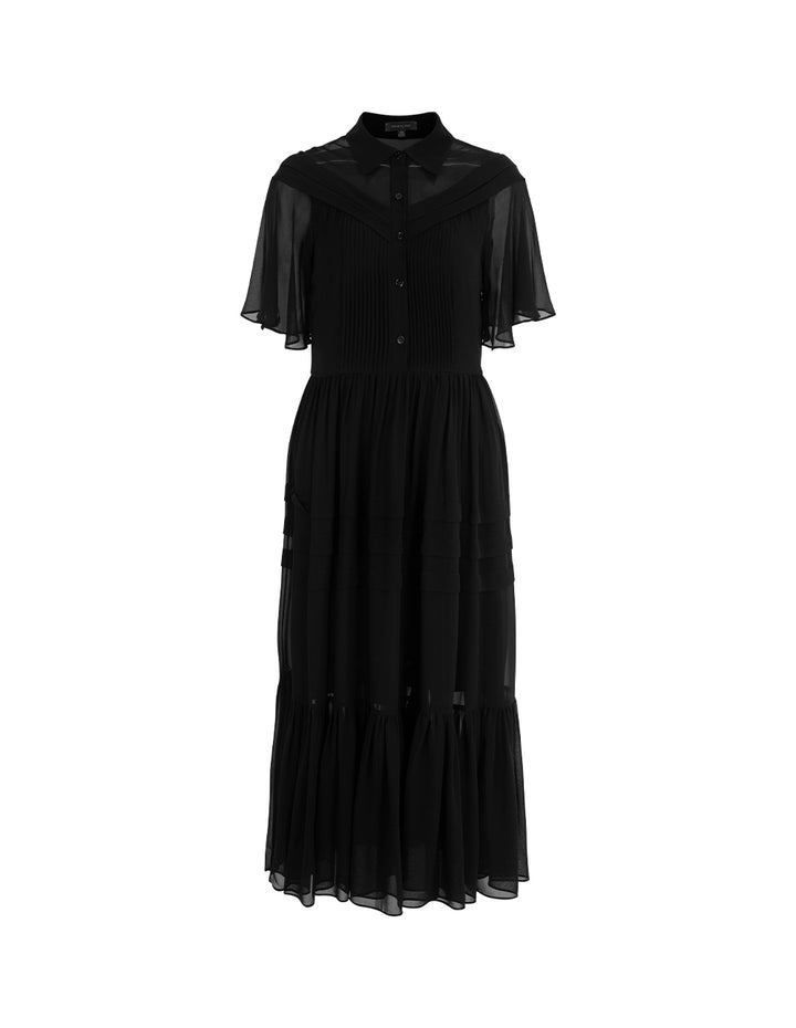MARYLING Lapel Sheer Overlay Ruffled Short-Sleeve Pin-Tuck Empire-Waist Pleated Midi Dress