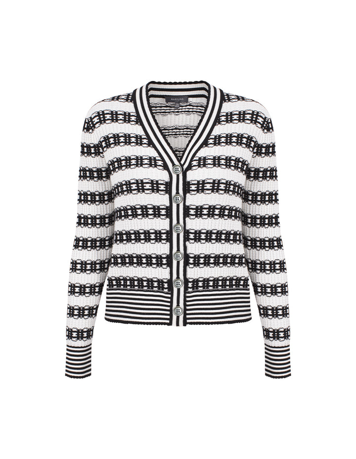 MARYLING V-Neck Long Sleeve Lace Textured Stripe Knit Cardigan