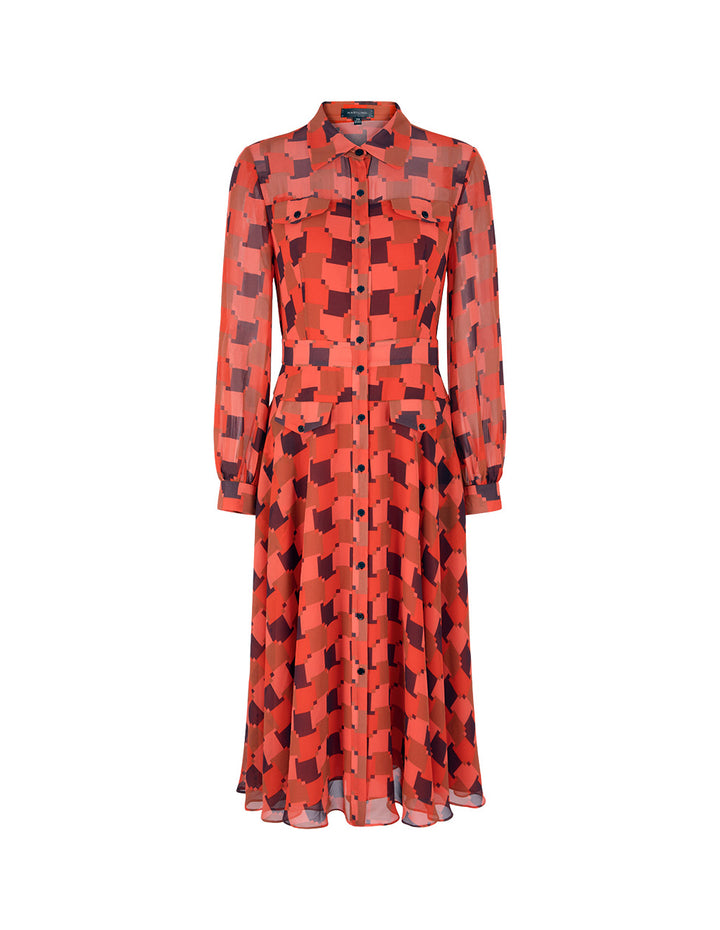 MARYLING Red Houndstooth Print Midi Shirt Dress