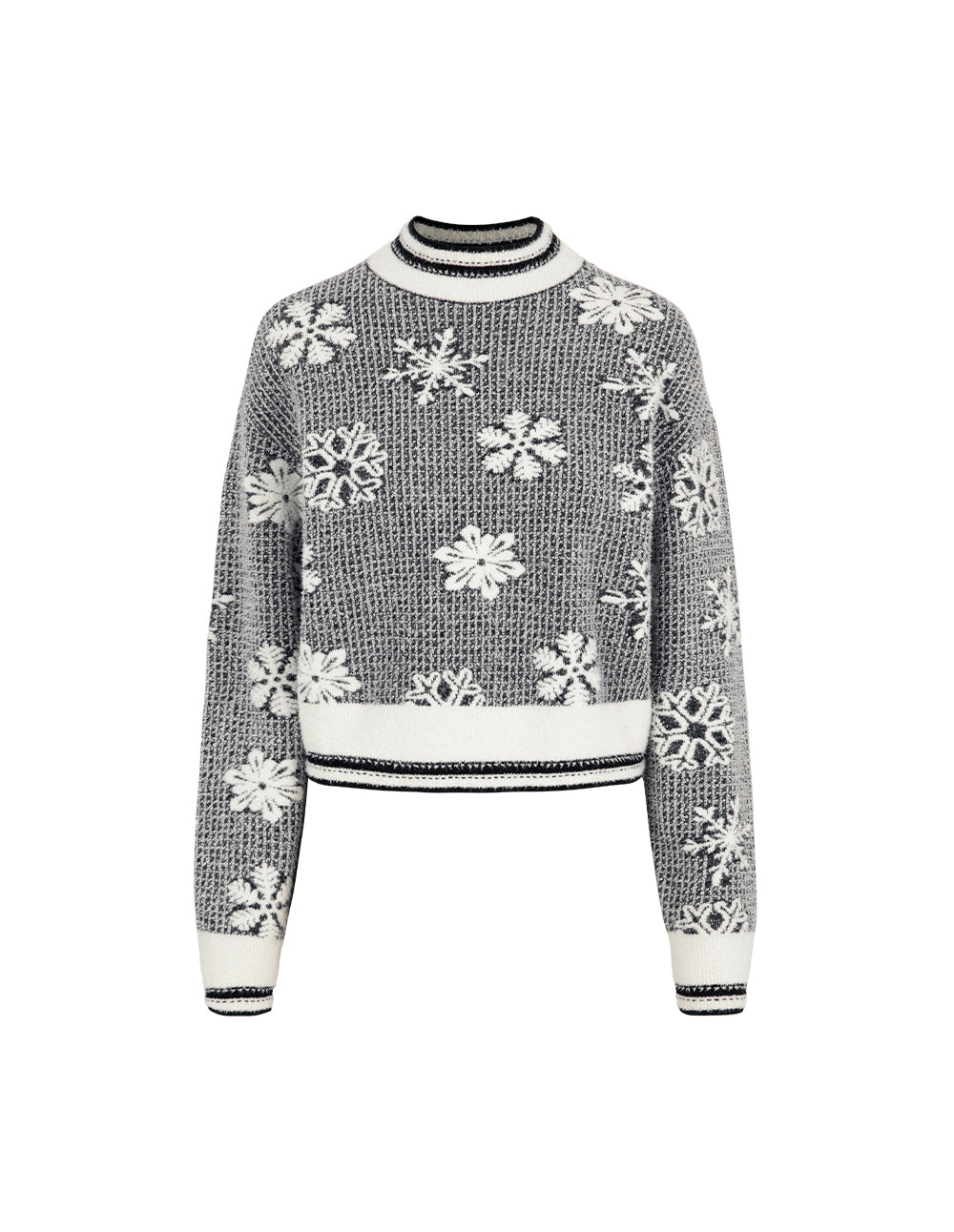 MARYLING Round Neck Snow-Flower Long-Sleeve Jacquard Knitted Cropped Pullover