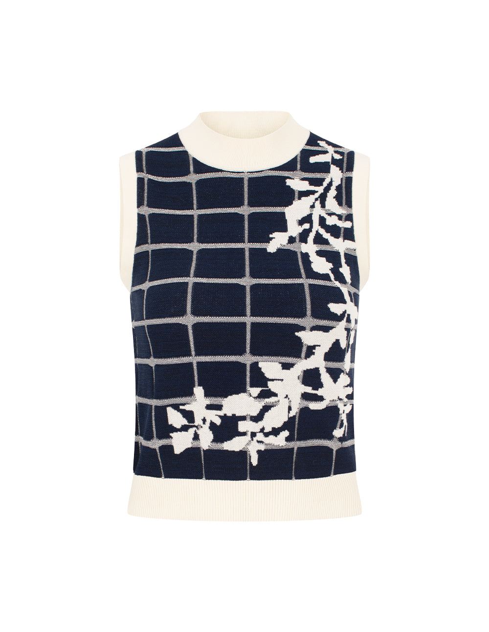 MARYLING Half-Turtleneck Plaid Floral Embroidery Knit Vest