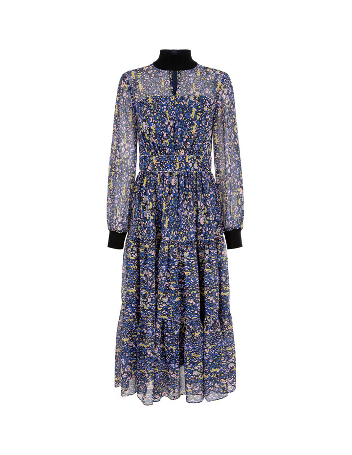 MARYLING Stand Collar Georgette Printed Pleated Mid-Length Dress