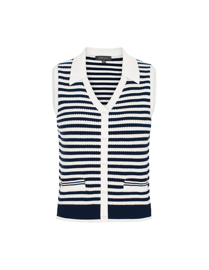 MARYLING Collared Sleeveless Striped Knit Vest