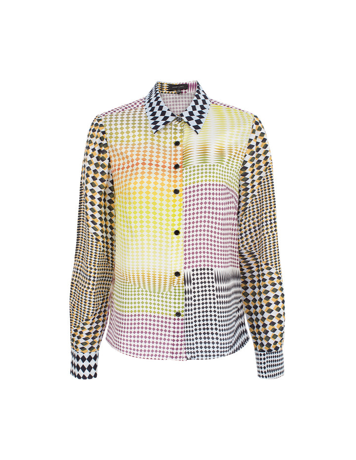 MARYLING Color Block Printed Long Sleeve Silk Blouse