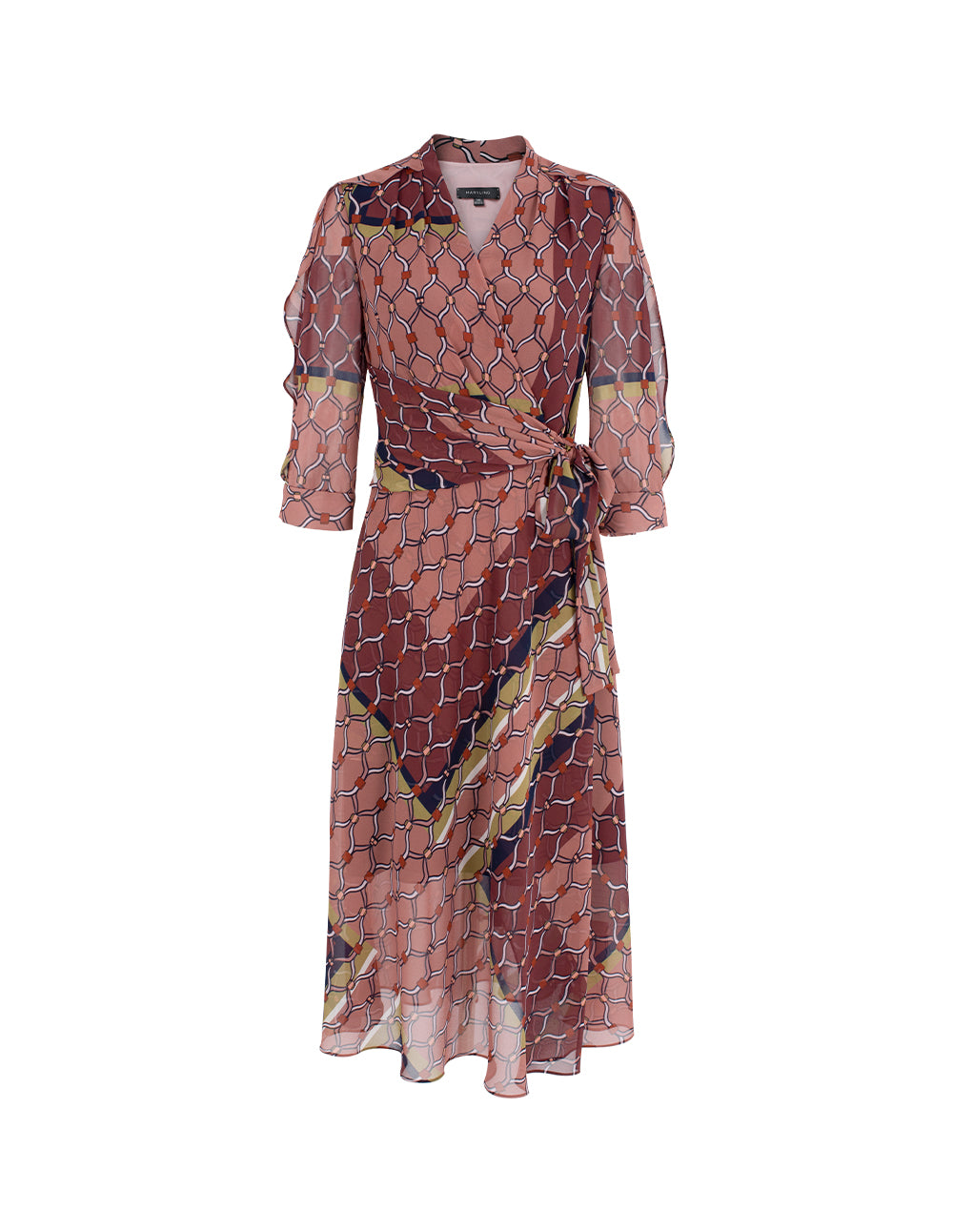 MARYLING V-Neck 3/4 Sleeve Wrap Midi Dress with Geometric Print