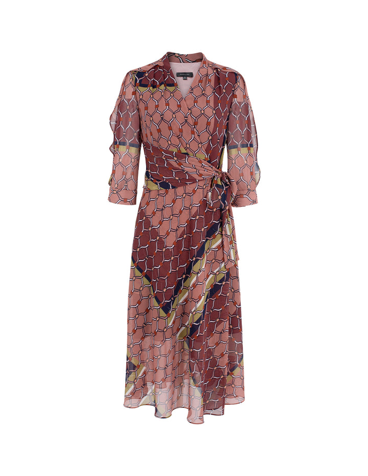 MARYLING V-Neck 3/4 Sleeve Wrap Midi Dress with Geometric Print