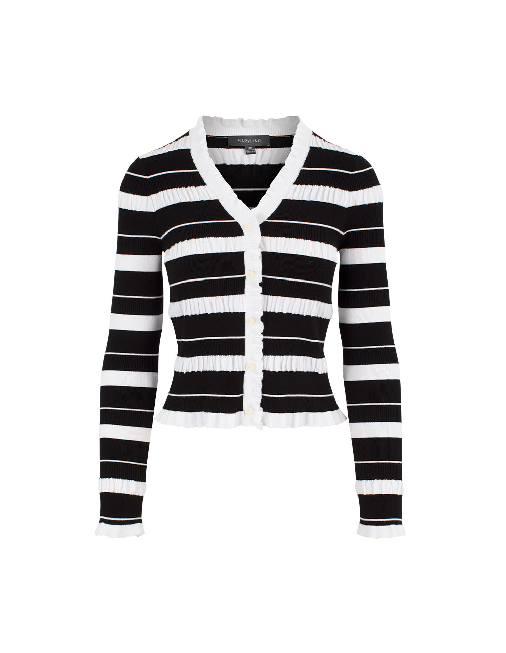 MARYLING V-neck Long-Sleeve Pleated Black And White Striped Contrast knitted cardigan