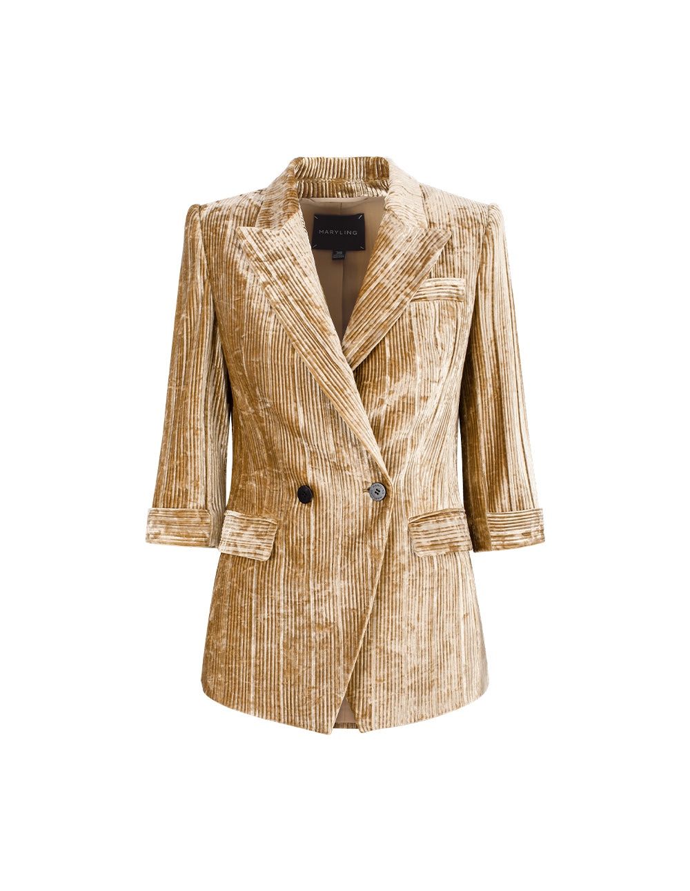 MARYLING Peak Lapel Double-Breasted 3/4 Sleeve Golden Velvet Blazer