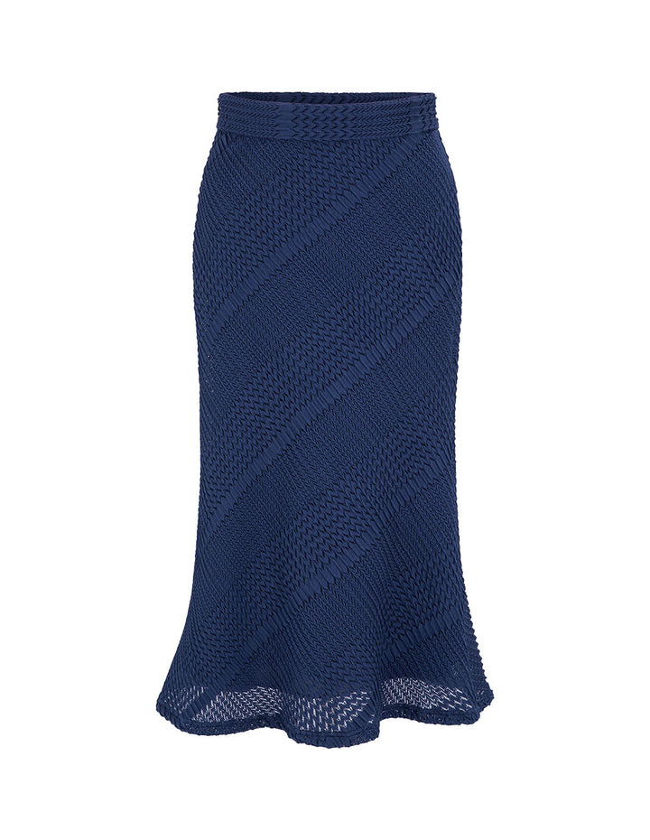 MARYLING Dark Blue Pleated Striped Lace Fishtail Skirt