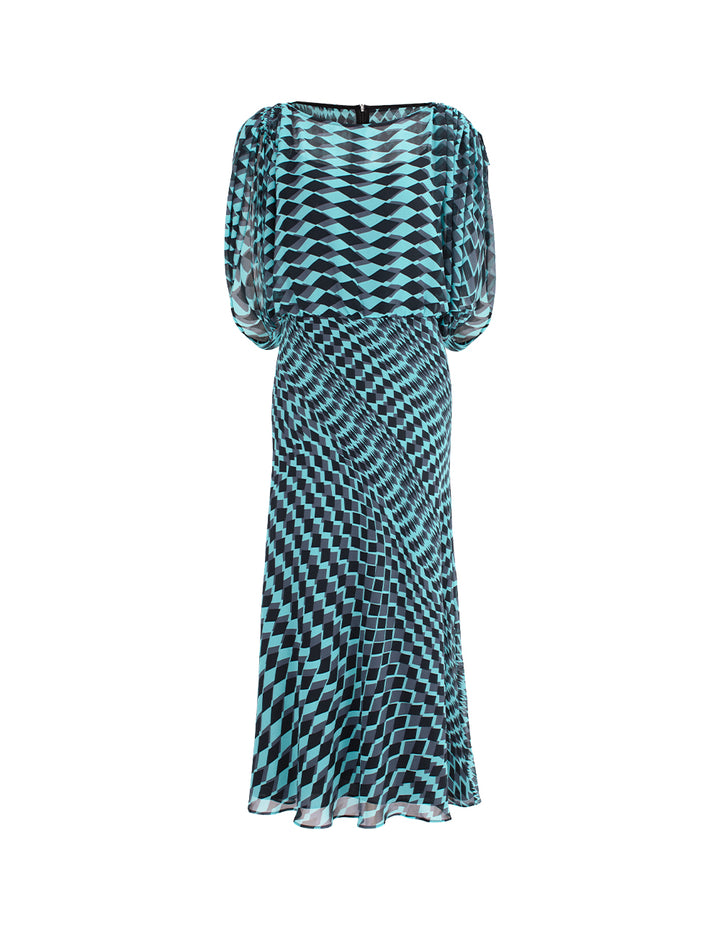 MARYLING Round Neck Short-Sleeve Geometric Print Empire-Waist Midi Dress