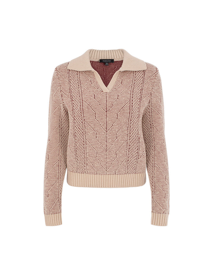 MARYLING Ribbed V-Neck Cable Texture Relaxed Fit Wool Pullover Sweater