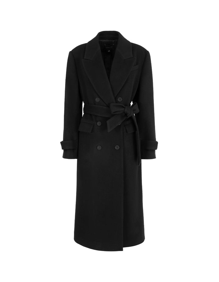 MARYLING Black Notched Lapel Wrap H-Shaped Belted Wool Coat