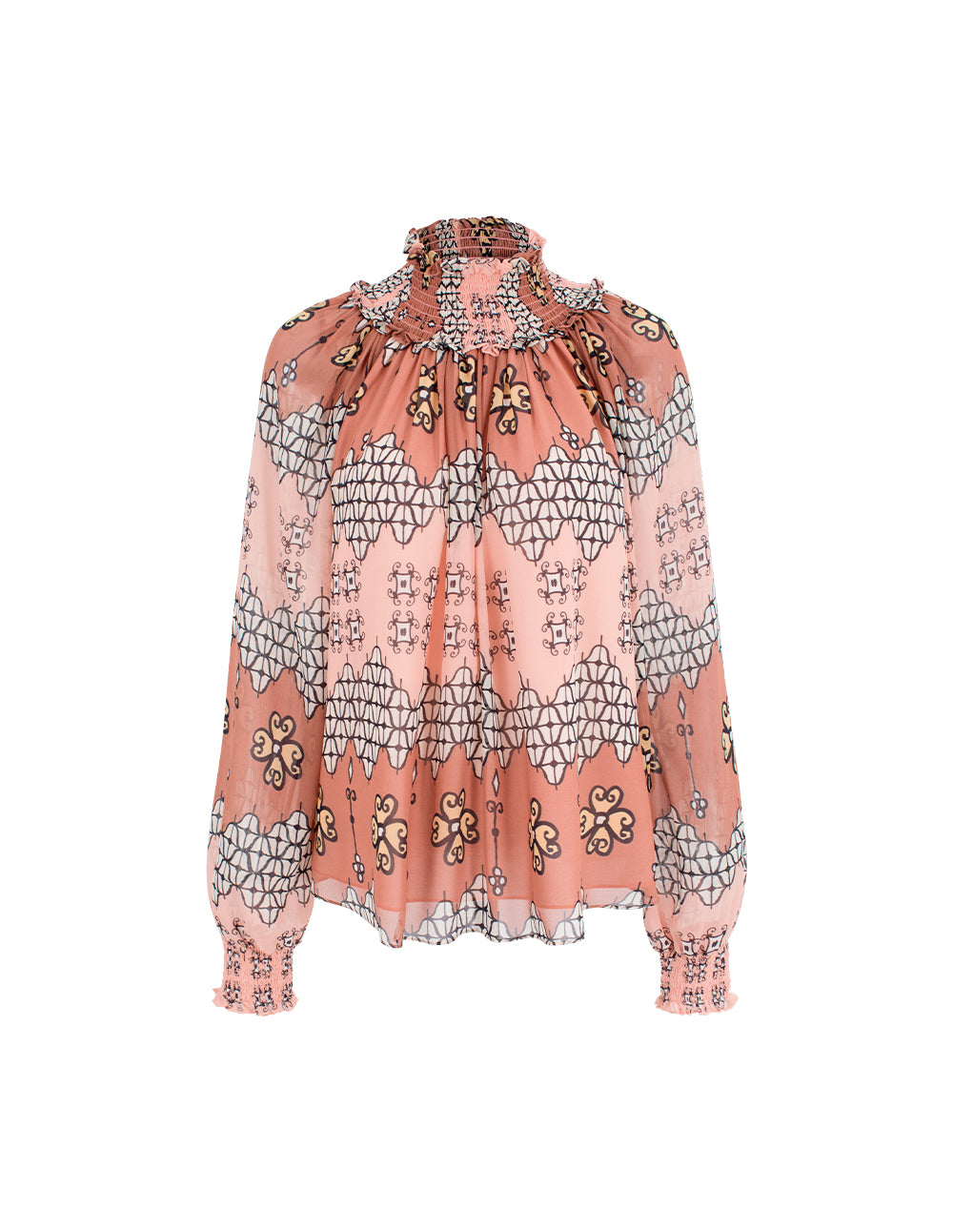 MARYLING Ruffle Turtleneck Long-Sleeve Floral Print Blouse