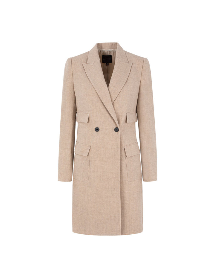 MARYLING Peaked Lapel Vintage Double-Breasted Beige Long Wool Coat