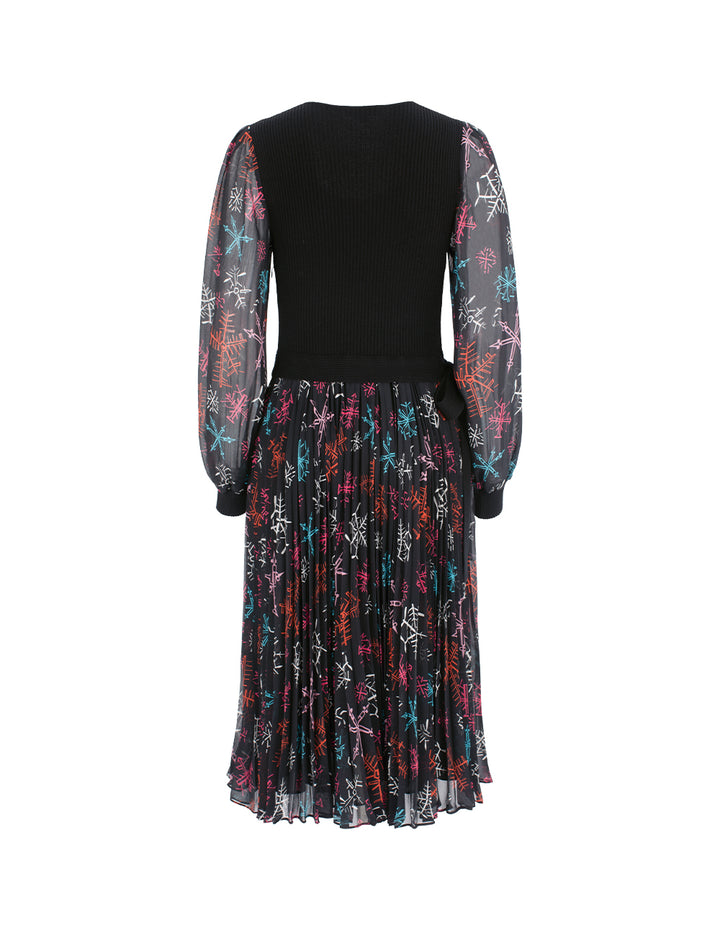 MARYLING Knitted Patchwork Printed Long-Sleeved Pleated Midi Dress