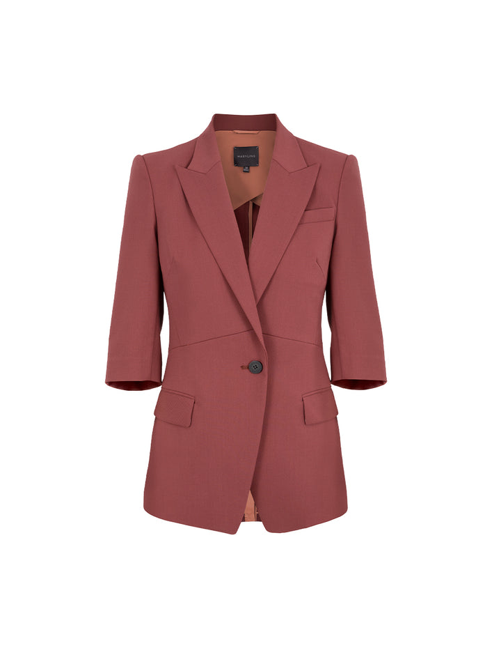 MARYLING Brick Red Peaked Lapel 3/4 Sleeve Single-Breasted Blazer