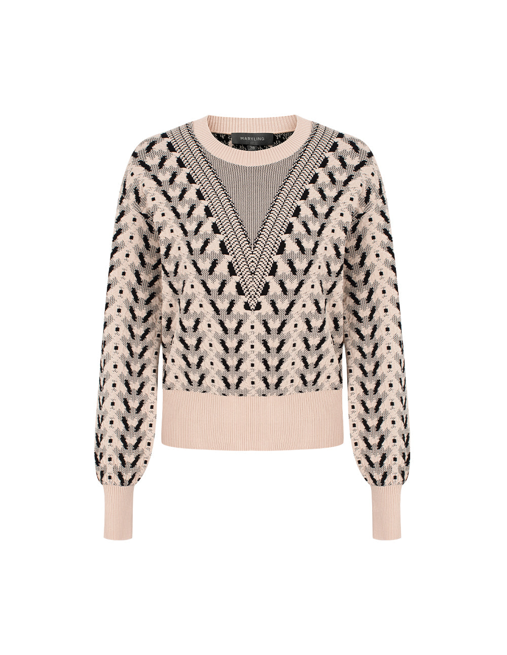 MARYLING Round Neck Bubble Sleeve Printed Cropped Knit Sweater