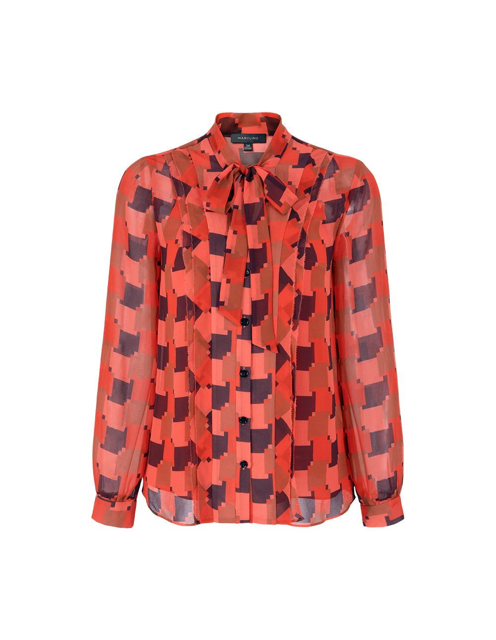 MARYLING Red Houndstooth V-Neck Tie-Front Blouse