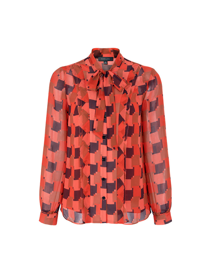 MARYLING Red Houndstooth V-Neck Tie-Front Blouse