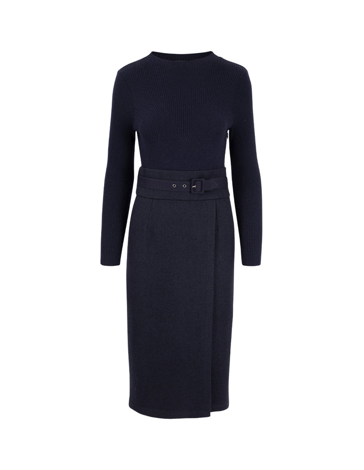 MARYLING Crew-Neck Long Sleeve Patchwork Sheath Slits Midi Knitted Wool Dress