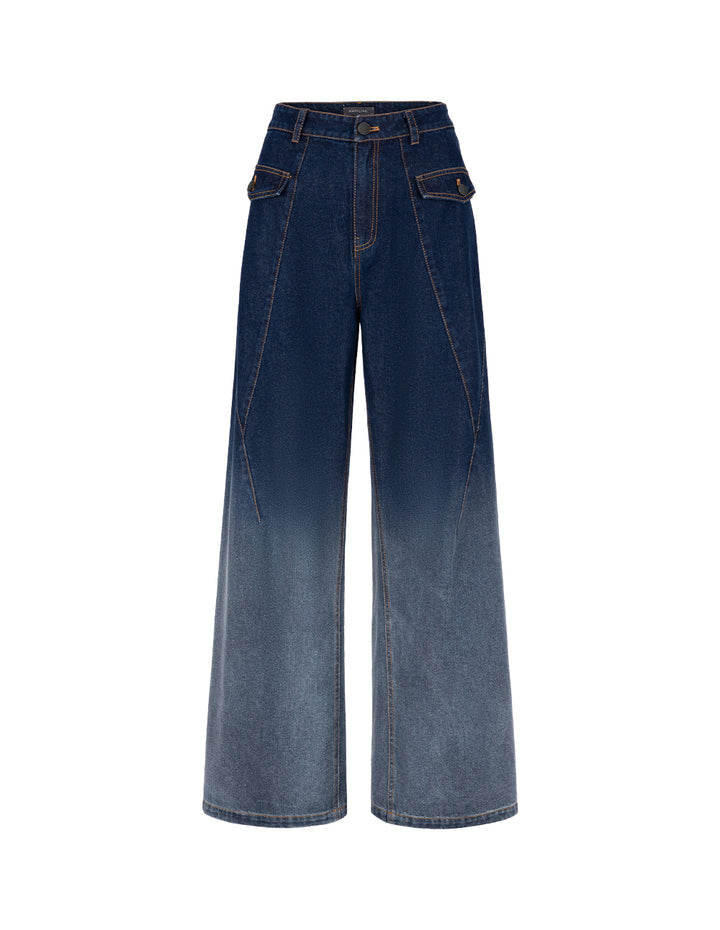MARYLING Straight Wide-Leg Dark Blue Gradient Washed Denim Pants