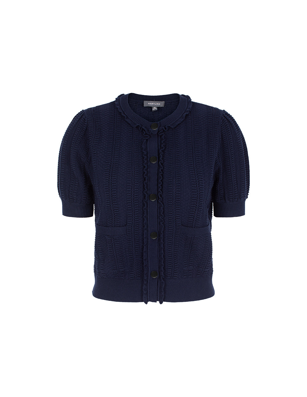 MARYLING Round-Neck Ruffle Short-Sleeve Textured Knit Cardigan