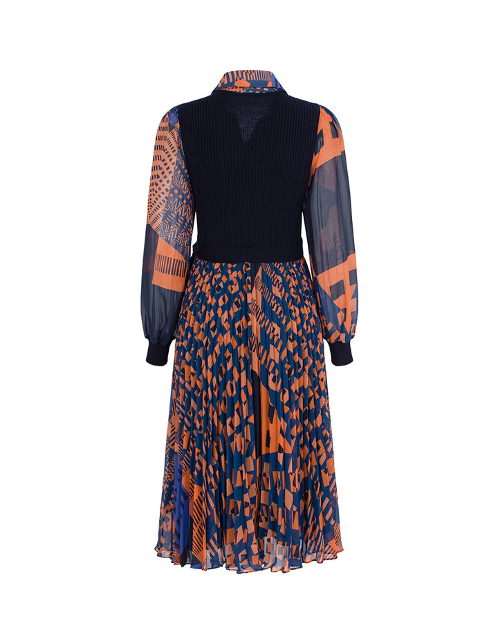 MARYLING Knitted Splicing Printed Floral Plated Midi Shirt Dress