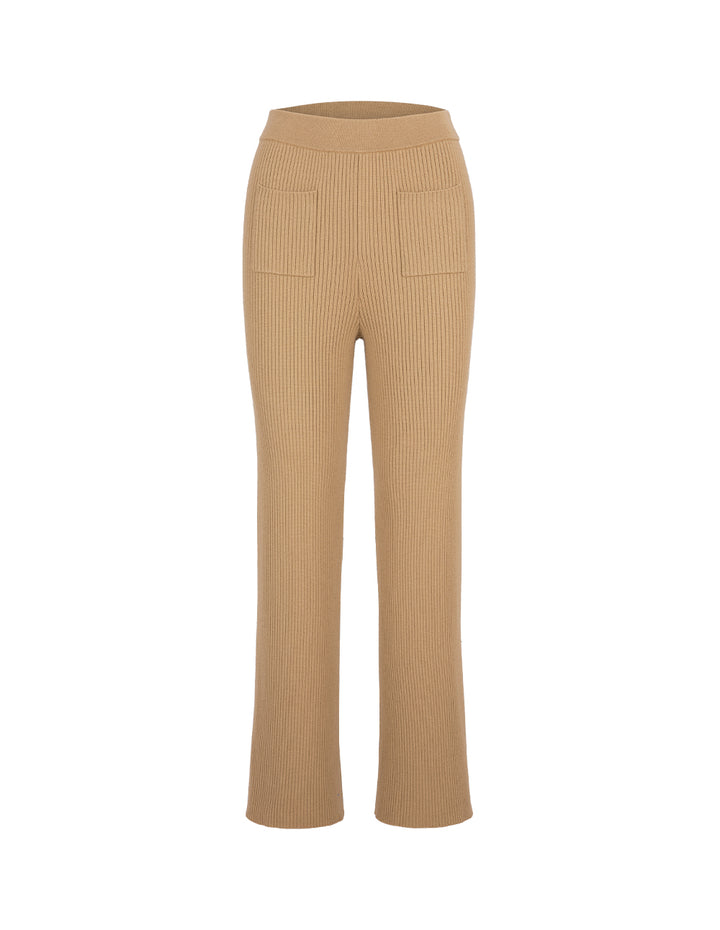 MARYLING Straight Wide-Leg Apricot Pocket Knitted Trousers