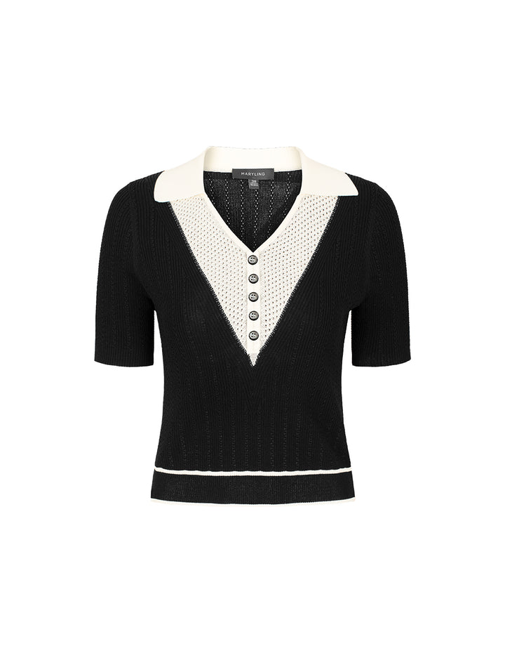 MARYLING Lapel Short-Sleeved Black And White Contrast Knitted Pullover