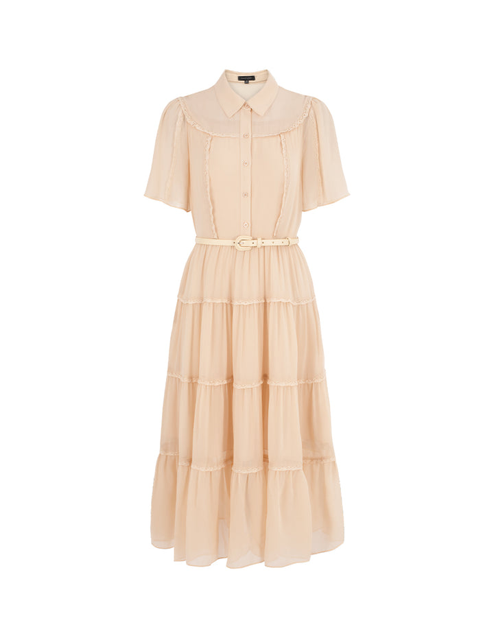 MARYLING Lapel Short Sleeve Ruffle Trim Pleated Tiered Silk Midi Shirt Dress