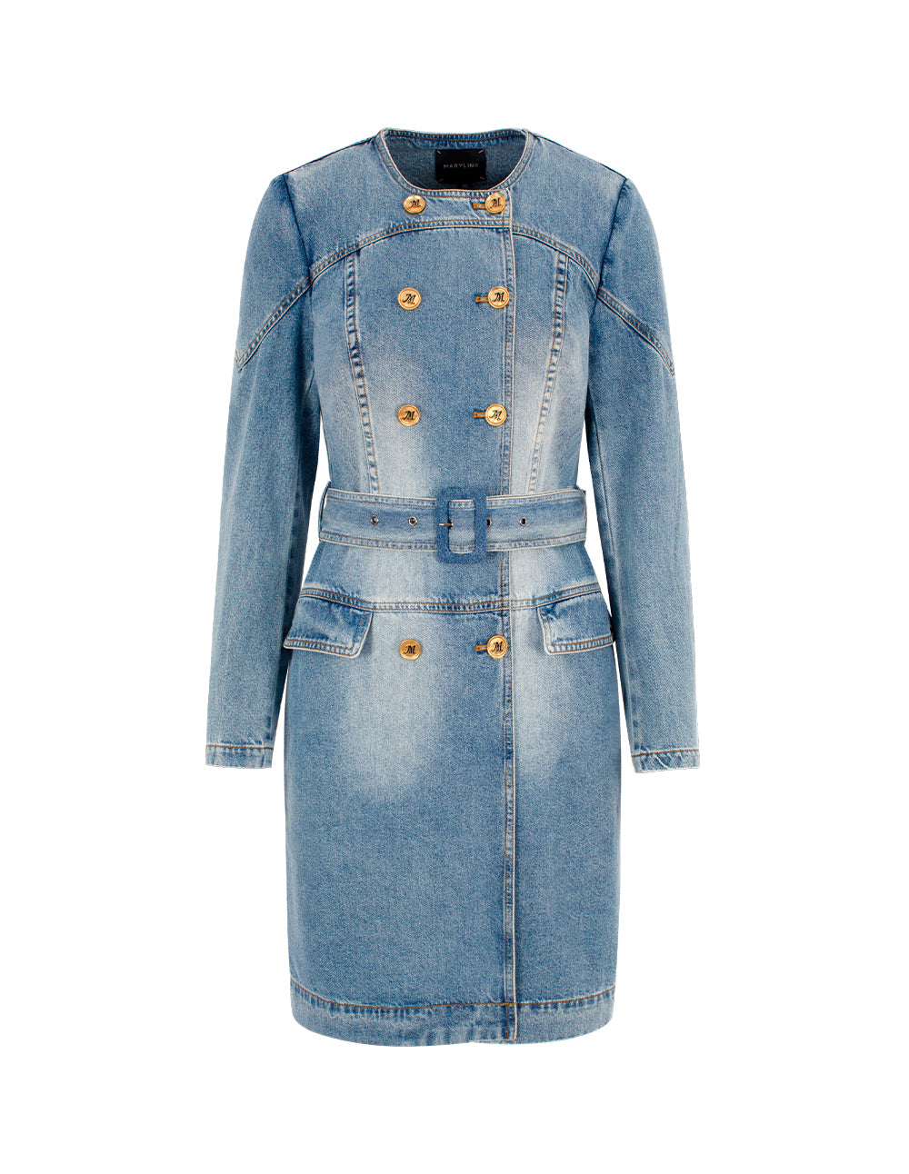 MARYLING Round Neck Long-Sleeve Double-Breasted Tie-Front Denim Dress