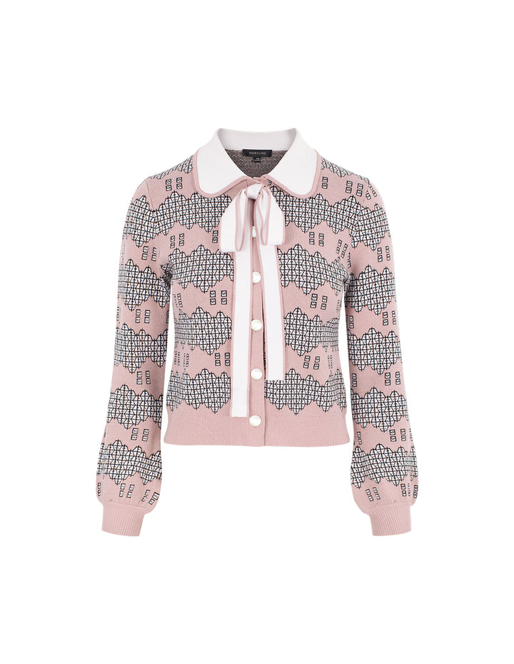 MARYLING Peter Pan Collar Long Puff Sleeve Pink Garden Print Knit Cardigan