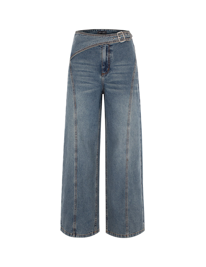 MARYLING Blue Asymmetric Washed Denim Jeans