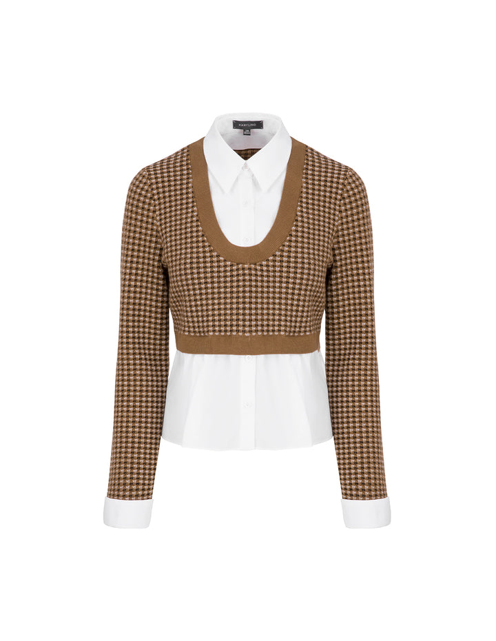 MARYLING Camel Checkered Patchwork Knit Blouse