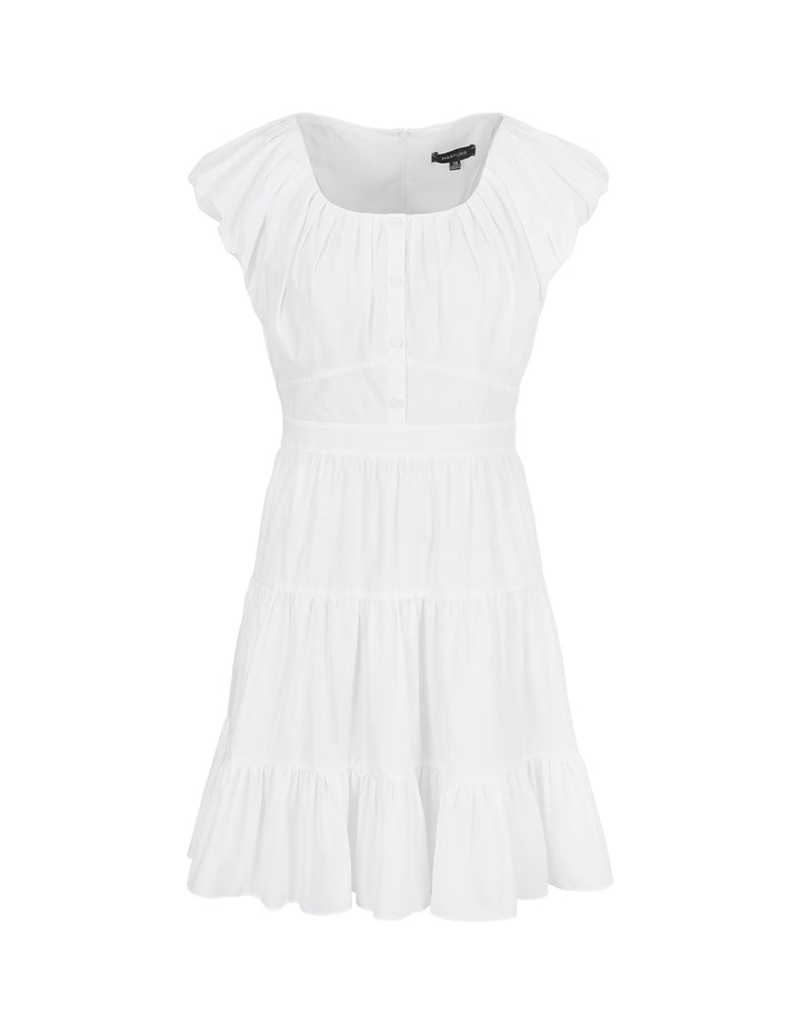 MARYLING Puff Sleeve Pleated Cotton Dress