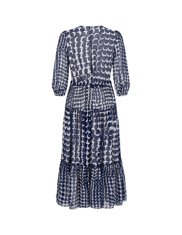 MARYLING V-Neck Ruffle Empire-Waist Spot Printed Pleated Midi Dress