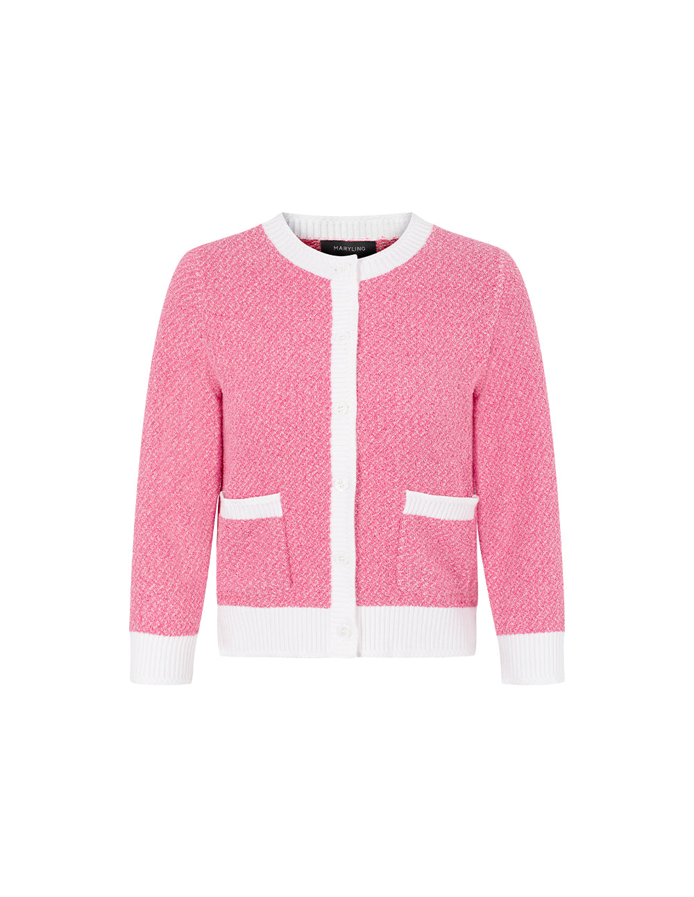 MARYLING Round Neck White Trim Long-Sleeve Knit Cardigan