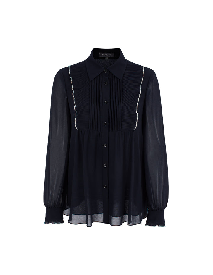 MARYLING Sheer Long-Sleeved Pintuck Ruffle-Trim Silk Blouse